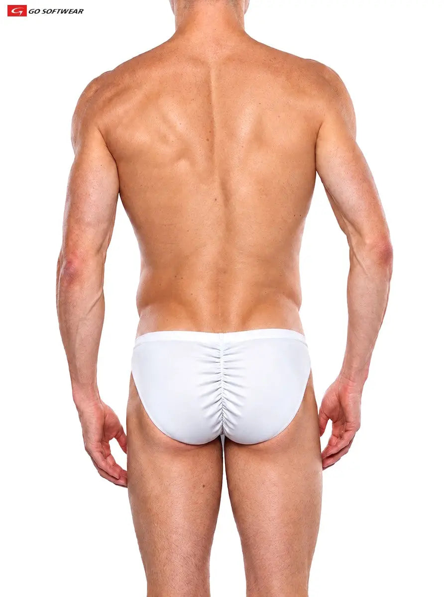 White men's contour brief by Go Softwear featuring a gathered back design and a snug fit shown on a model from behind
