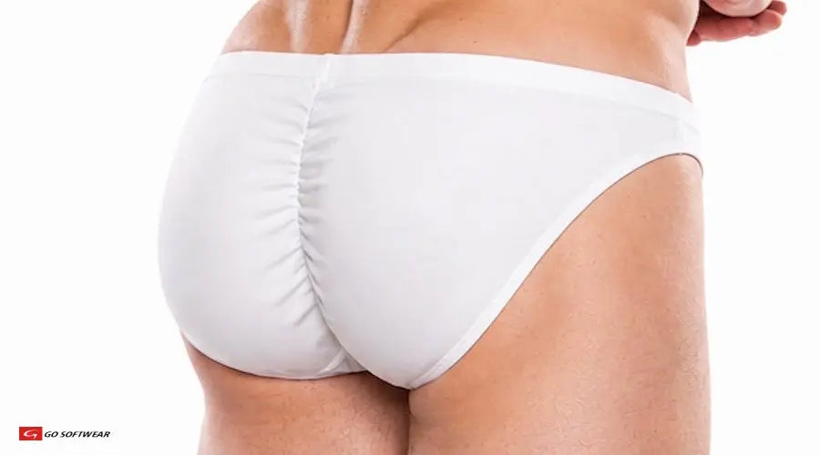 White men's contour brief by Go Softwear featuring a gathered back for a snug fit shown from the rear on a model