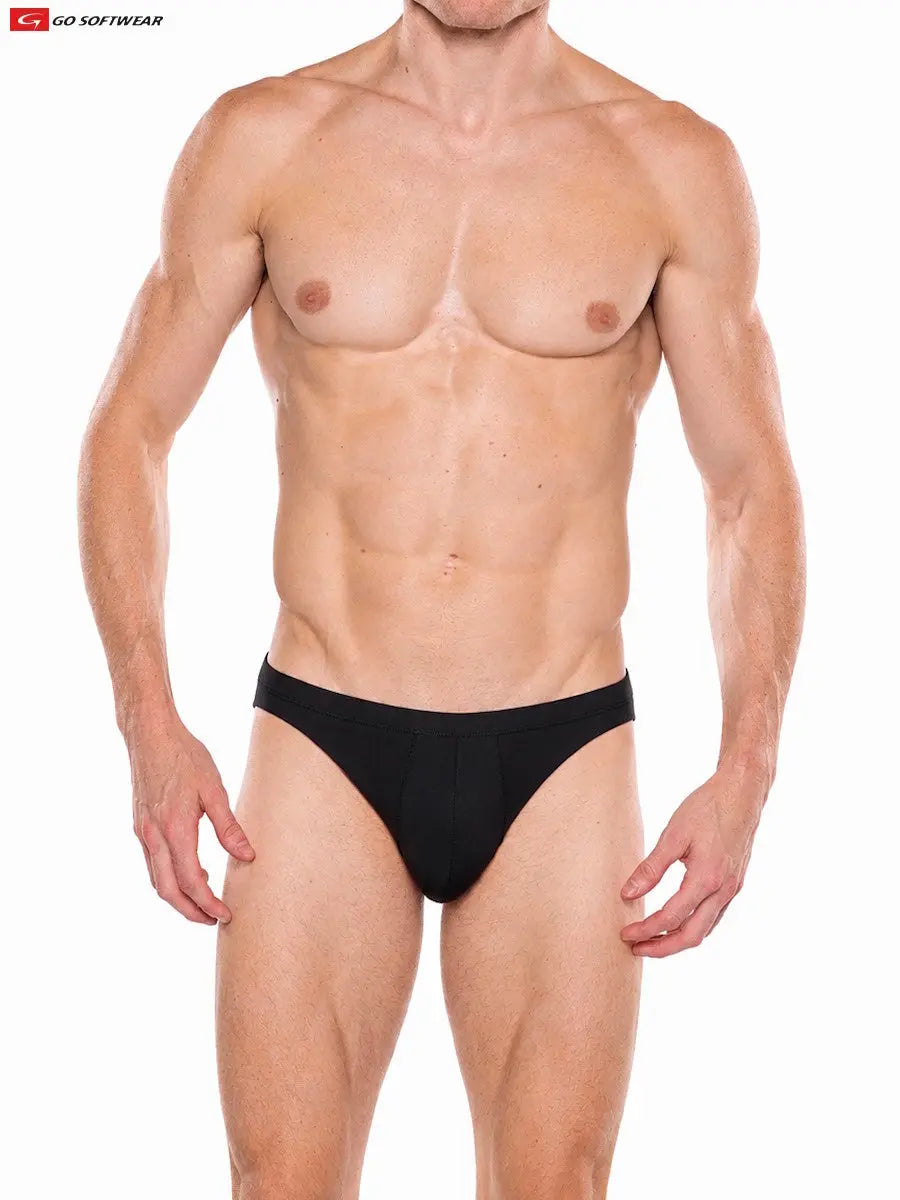 Model wearing Go Softwear black contour brief showcasing a fitted design and soft fabric highlighting the waist and leg openings