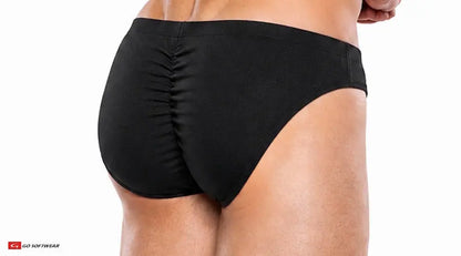 Black contour brief with gathered back detail shown on a model from behind by Go Softwear