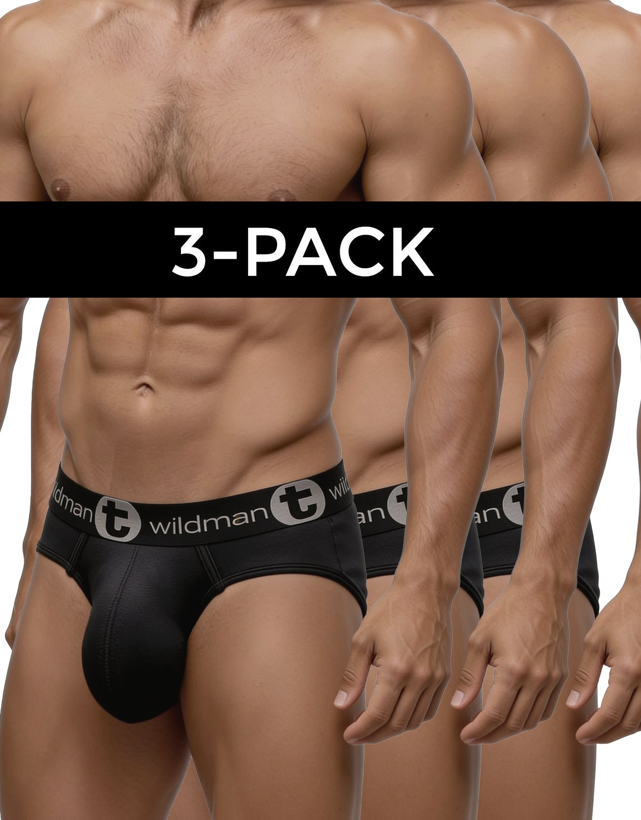 Black wildman brand big boy pouch briefs in black with sleek form fitting design and subtle logo band visible from front
