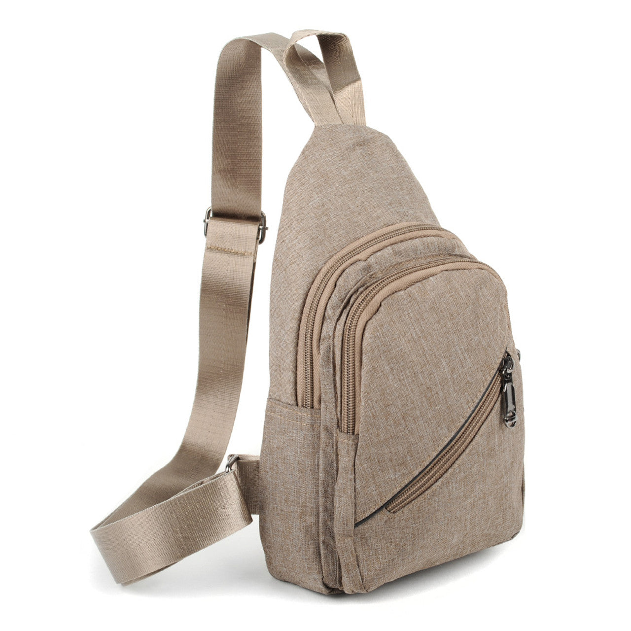 Beige canvas sling bag with multiple zippered compartments and adjustable crossbody strap for everyday use