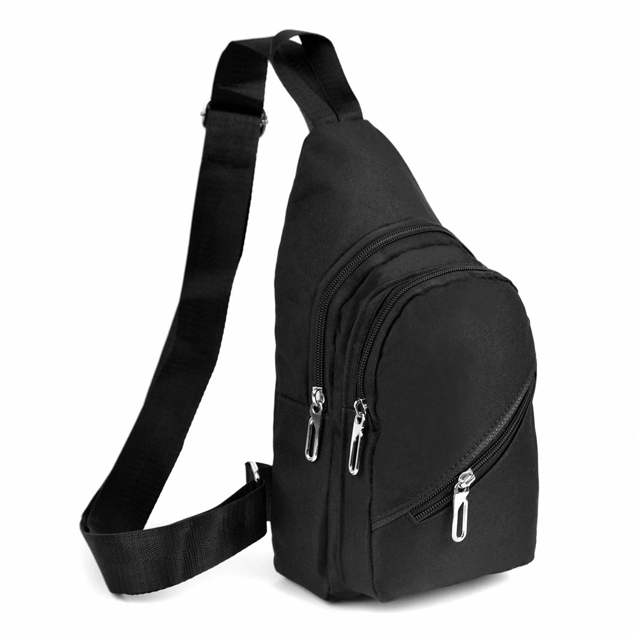 Black nylon canvas sling bag with silver zippers and adjustable crossbody strap