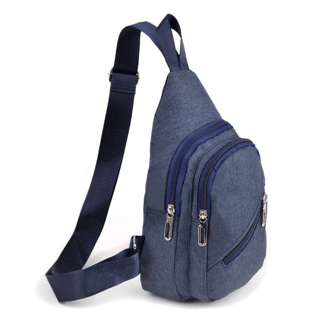 Navy blue canvas sling bag with denim texture and multiple silver-toned zippered compartments for easy access