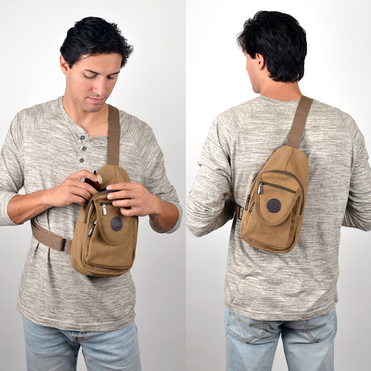 Tan canvas sling bag with brown strap and multiple zippered compartments for versatile crossbody use