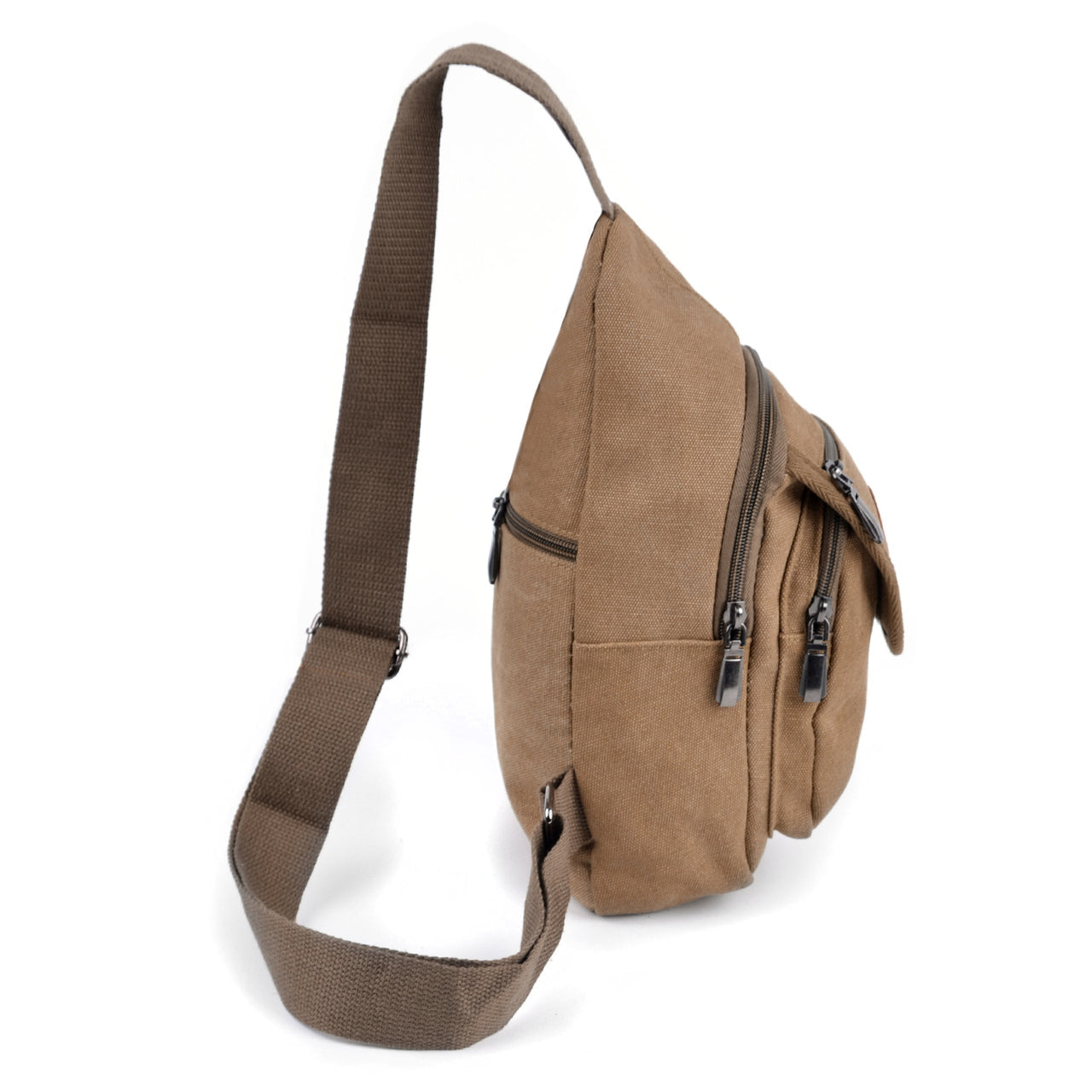 Tan canvas sling bag with multiple zippered compartments and sturdy adjustable shoulder strap for easy carrying