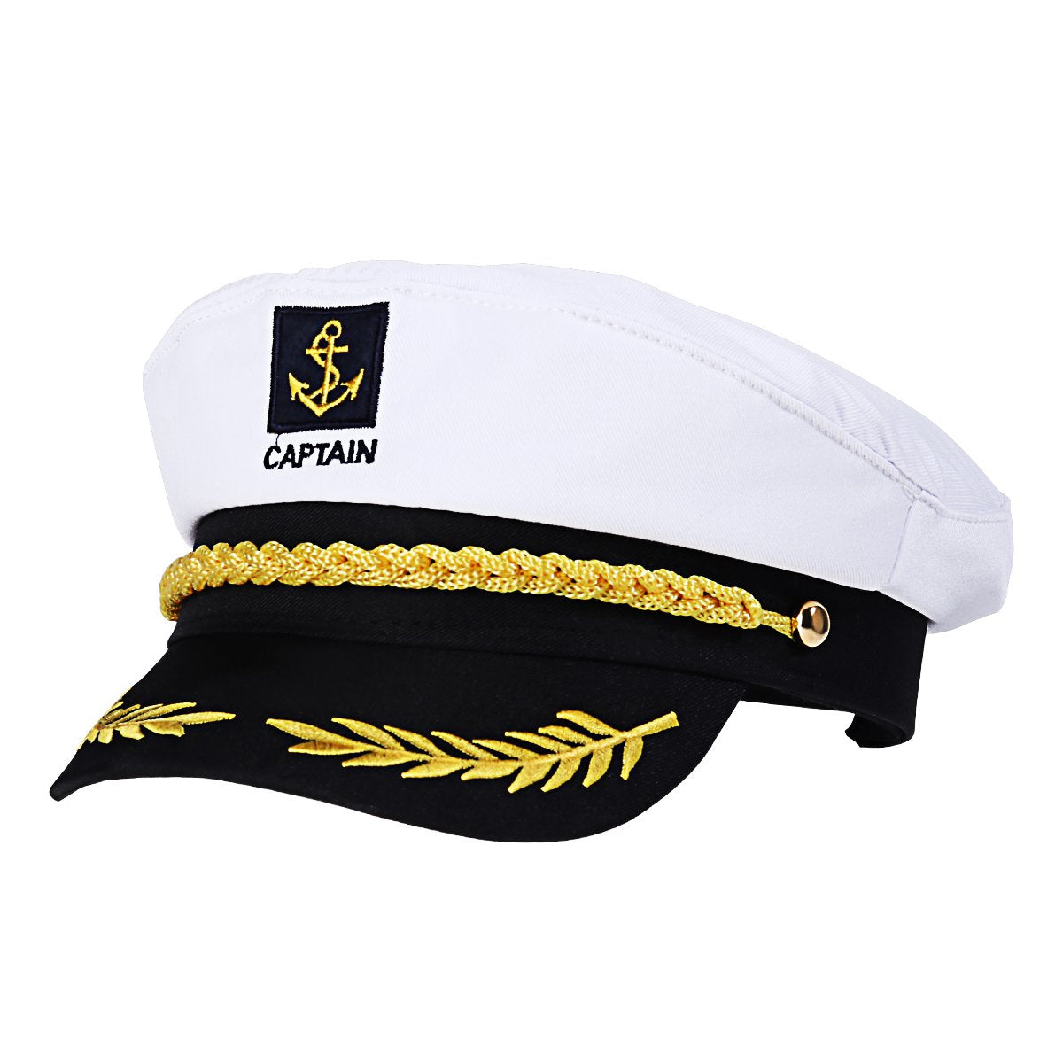 White captain hat with black band gold braided trim and embroidered anchor insignia for nautical style