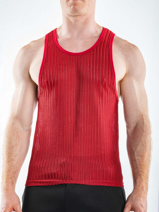 Front view of a person wearing a burgundy, textured mesh tank top with ribbed binding.