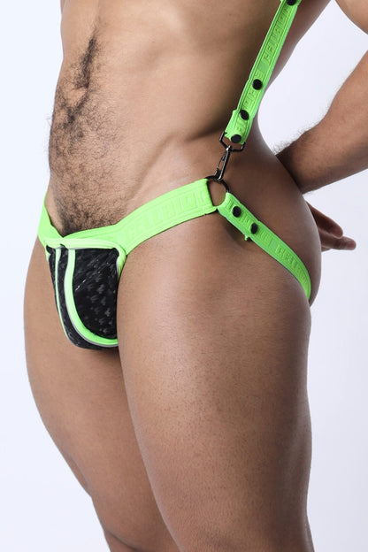 Neon green and black carbon shadow jock cup pouch briefs with harness-style straps and a textured front panel