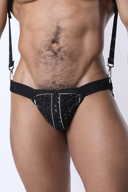Carbon shadow jock cup pouch black lace-trimmed briefs with adjustable suspenders and central zipper detail
