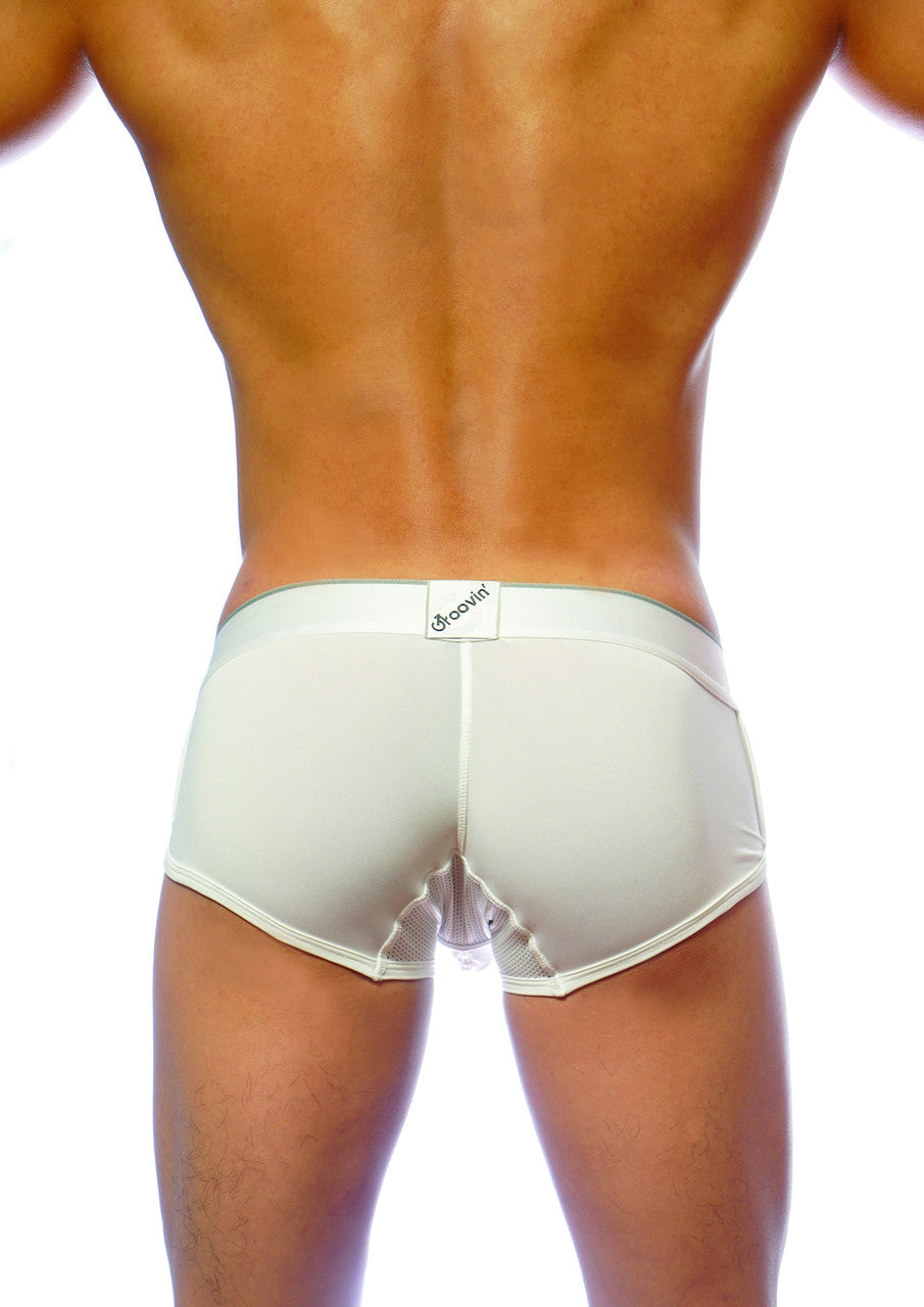Cream-colored groovin underwear ventilated cup boxer briefs with mesh back panel and elastic waistband white cb1601 shown from back