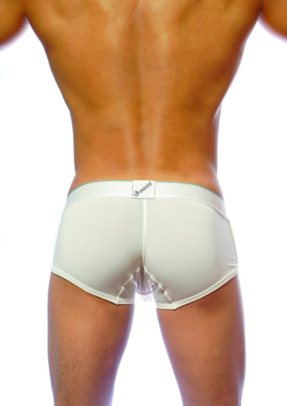 Cream-colored groovin underwear ventilated cup boxer briefs with mesh back panel and elastic waistband white cb1601 shown from back