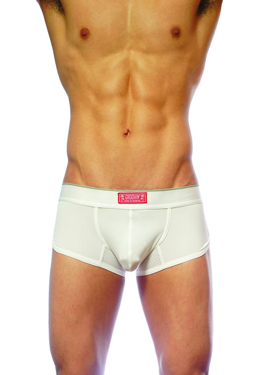 White men’s briefs groovin underwear with mesh paneling and red label for ventilation cb1601 model