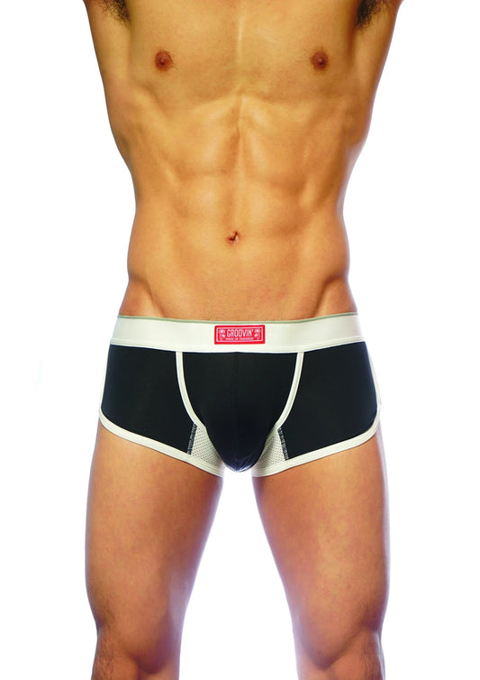 Groovin underwear ventilated cup boxer black cb1602 black and white athletic briefs with mesh side panels and red waistband label