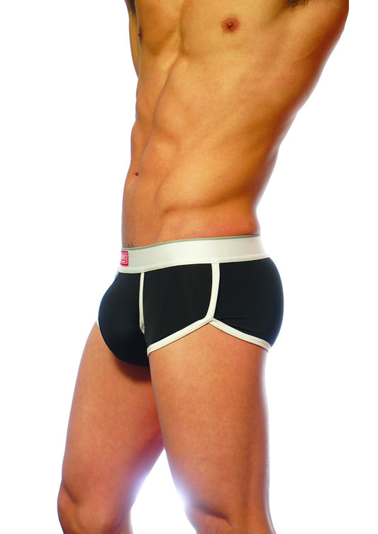 Black groovin underwear ventilated cup boxer with white trim and red logo on waistband front view