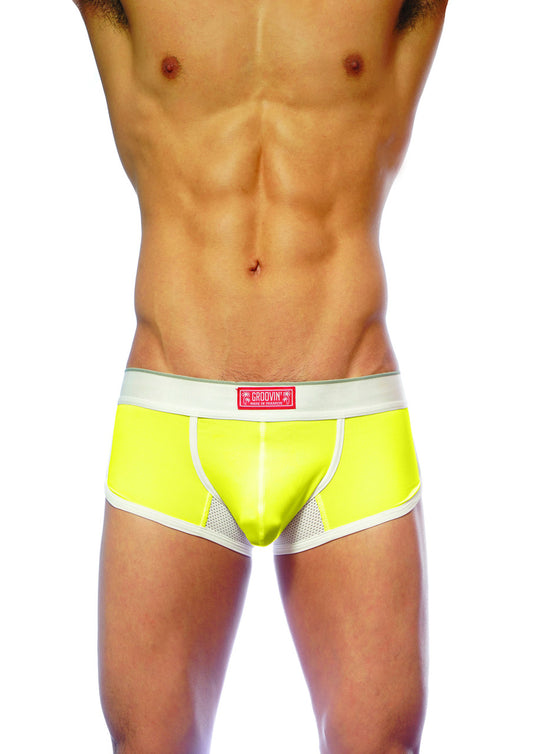 Bright neon yellow groovin ventilated cup boxer briefs with white trim mesh panel and logo waistband front view