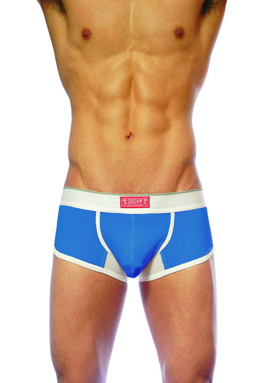 Blue and white groovin underwear ventilated cup boxer with mesh panels for breathability and athletic support