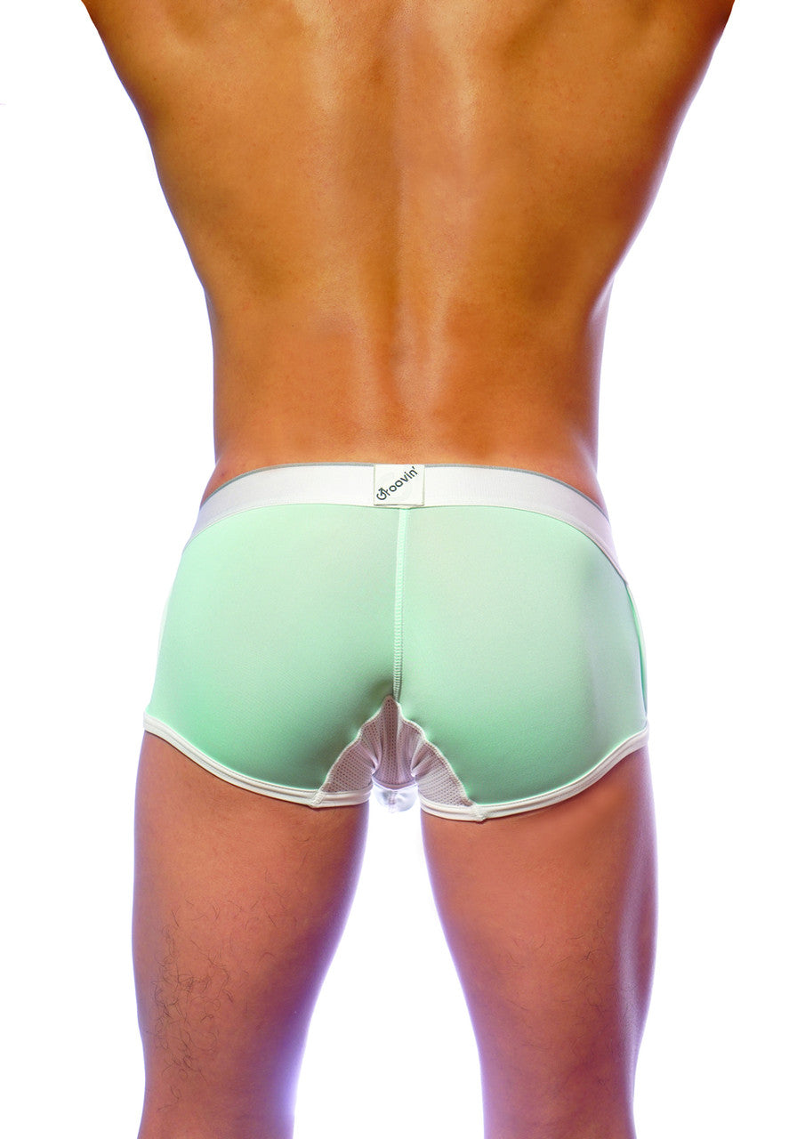 Groovin underwear ventilated cup boxer green in mint green mesh briefs with white elastic waistband and trim front view