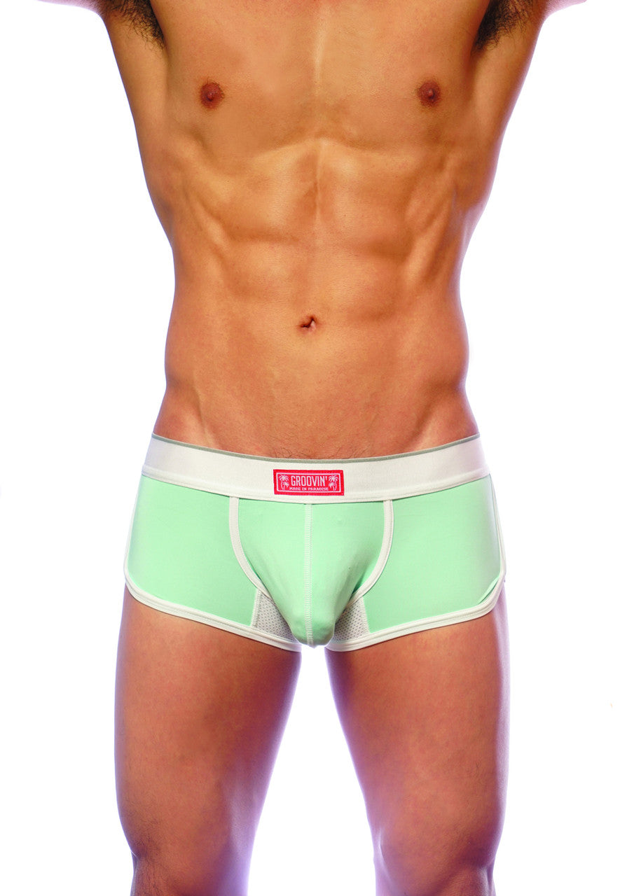 Groovin underwear ventilated cup boxer in mint green with white trim mesh panel and phoenix logo waistband