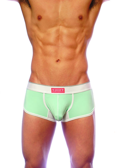 Groovin underwear ventilated cup boxer in mint green with white trim mesh panel and phoenix logo waistband