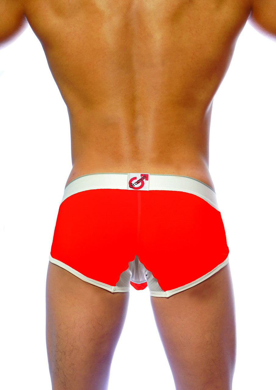 Red men’s briefs with white trim and mesh back panel featuring a ventilated design and logo on waistband groovin underwear