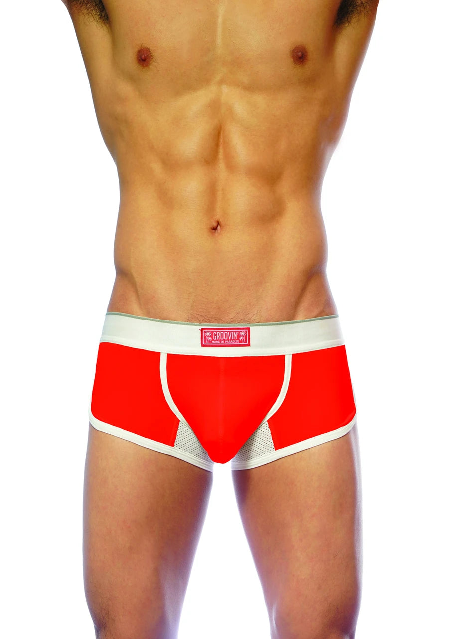 Red and white men’s groovin underwear ventilated cup boxer with mesh panel design for breathability and comfort