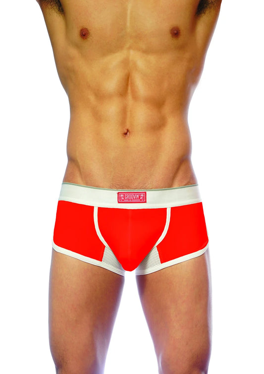 Red and white men’s groovin underwear ventilated cup boxer with mesh panel design for breathability and comfort