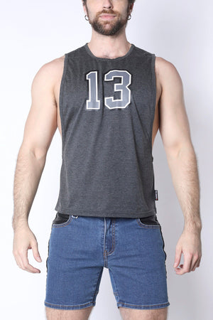 Charcoal gray muscle tank with large number 13 on the chest.