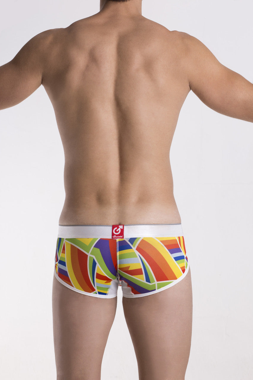 Groovin underwear prism cup boxer cbp1701 vibrant rainbow-striped men’s briefs with white waistband and red logo