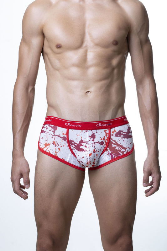 Men’s groovin underwear red and white splatter art cup boxer briefs with red aaovin waistband cbp1809