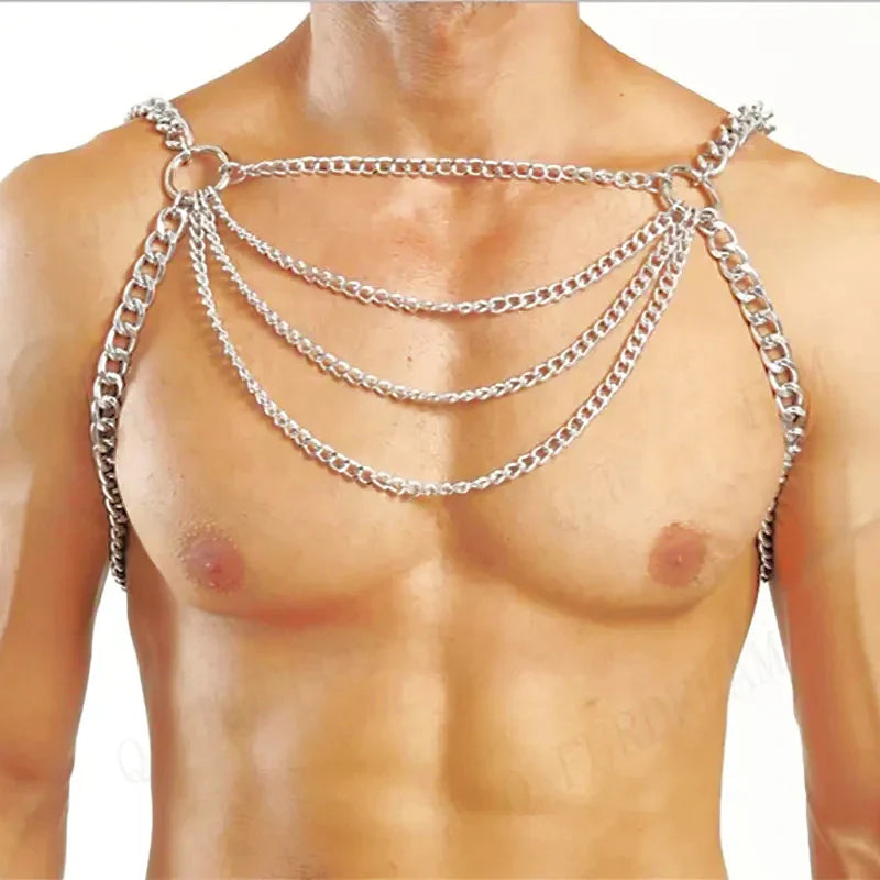 Silver-toned metal chain harness with layered chains and circular rings for edgy fashion accessory