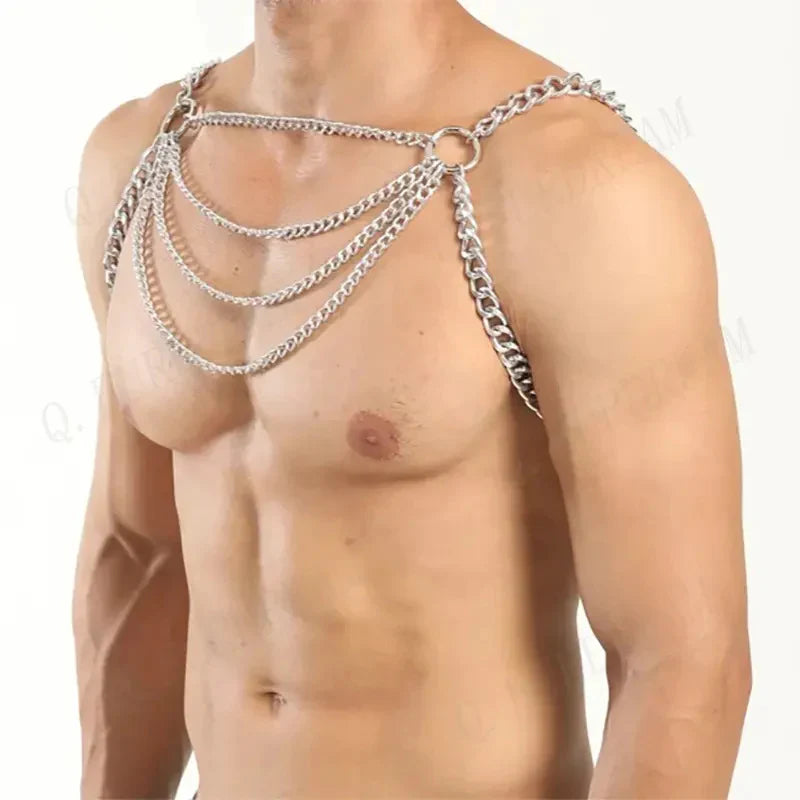 Silver-toned multi-layered chain harness with bold industrial design featuring an intricate body chain style