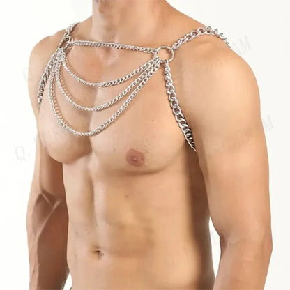 Silver-toned multi-layered chain harness with bold industrial design featuring an intricate body chain style