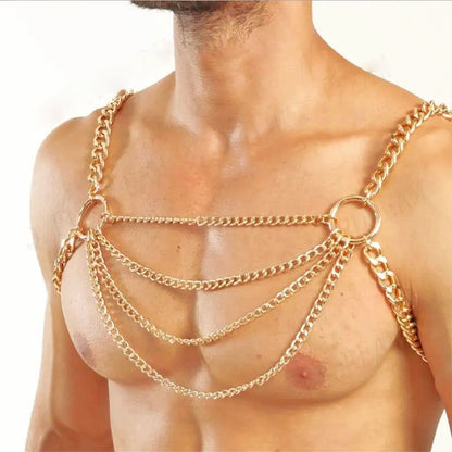 Gold-colored thick chain harness with layered chains and circular rings designed as a body accessory