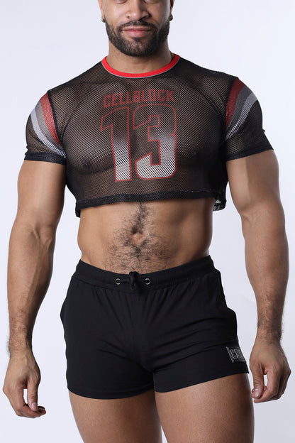 Black mesh crop top with red and white collback 15 graphic featuring breathable fabric and edgy design