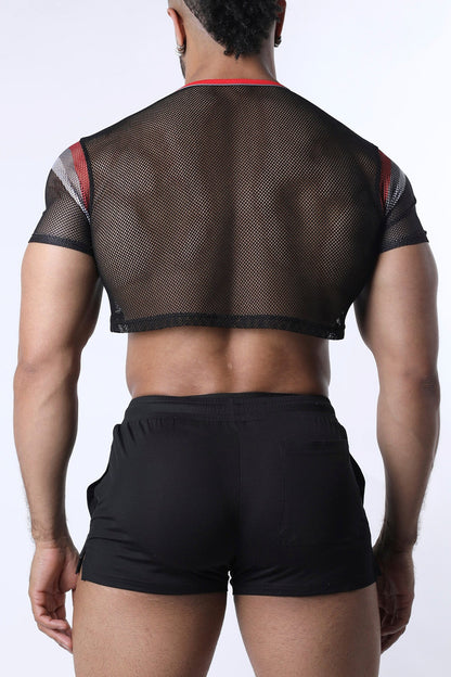 Chain reaction mesh crop top black mesh fabric with red and gray striped shoulder accents for a stylish look
