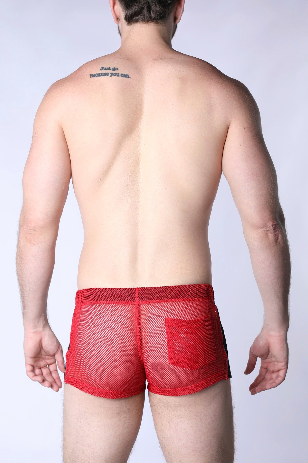 Chain reaction mesh short red mesh briefs with black side panel and front pocket for breathable comfort