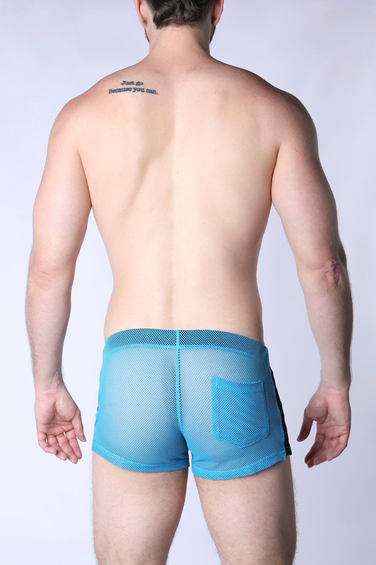 Blue mesh briefs with solid blue waistband and black side trim from chain reaction mesh short collection
