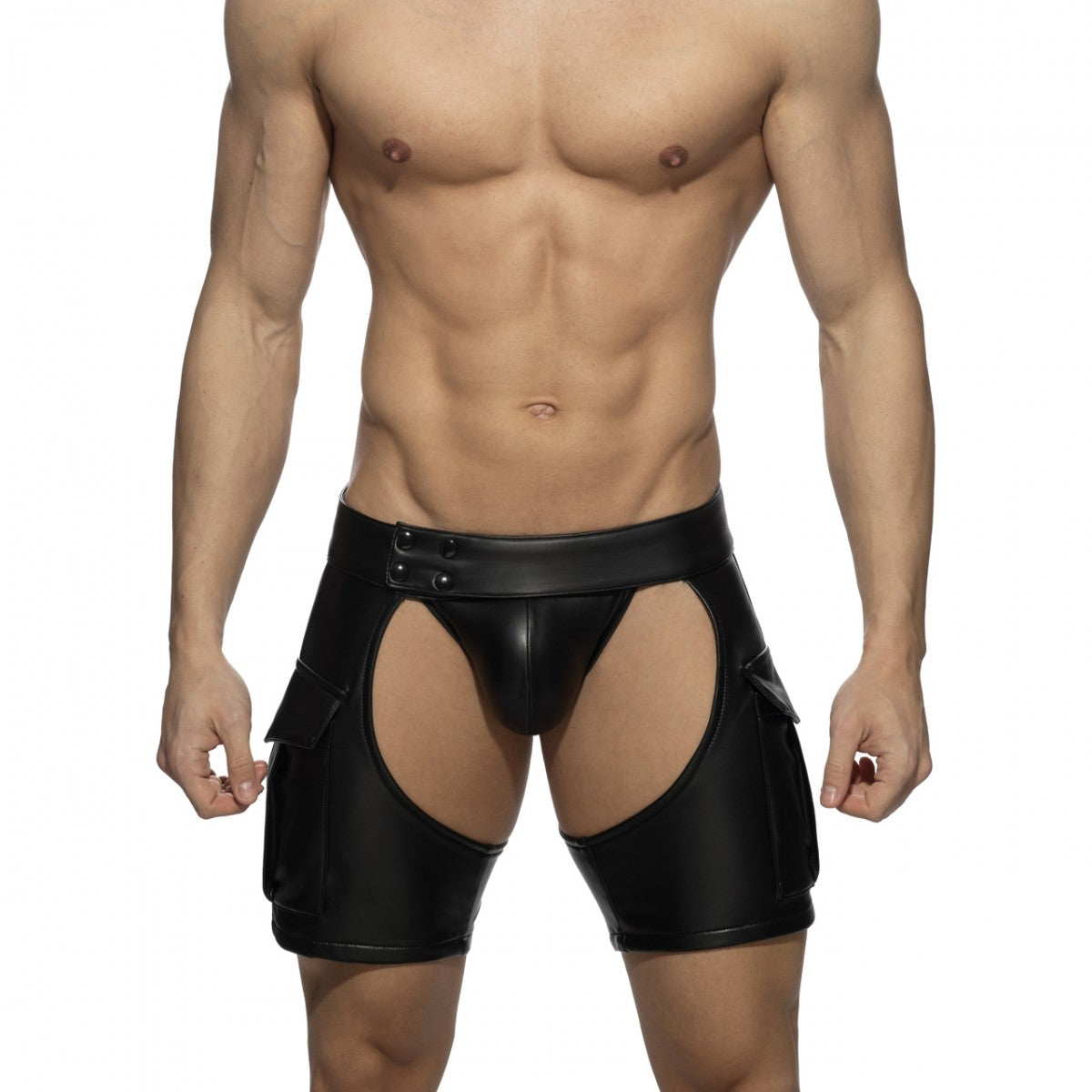 Black faux leather chaps shorts with cut out sides and side pockets for edgy stylish wear