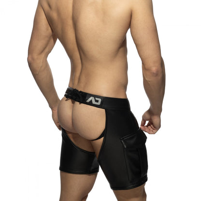 Black faux leather chaps shorts with distinctive cutout design and adjustable waistband featuring the ad logo