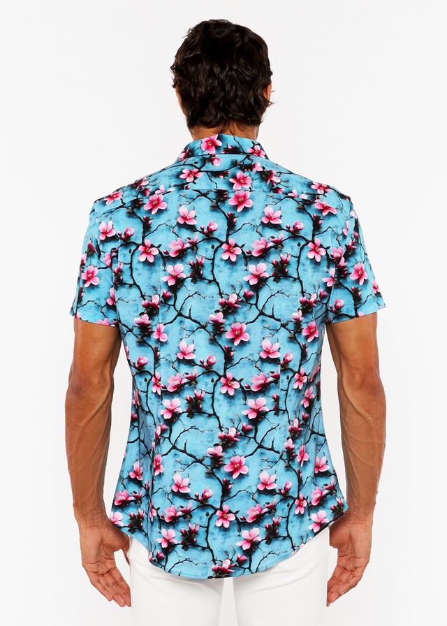 A vibrant turquoise cherry blossoms 3d print stretch knit short-sleeved button-up shirt with pink floral pattern