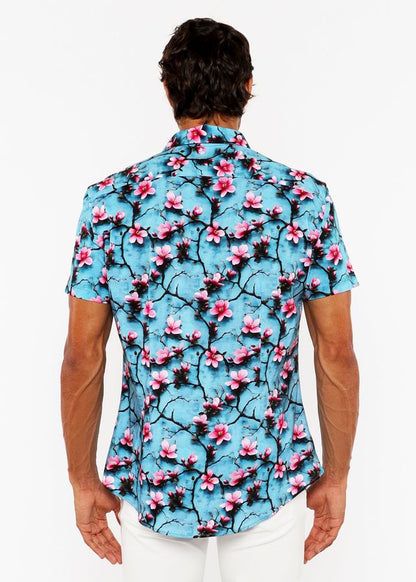 A vibrant turquoise cherry blossoms 3d print stretch knit short-sleeved button-up shirt with pink floral pattern