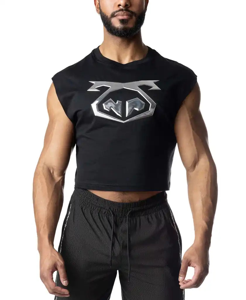Black sleeveless chrome crop top with silver metallic logo on chest for stylish casual wear