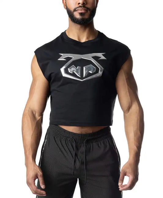 Black sleeveless chrome crop top with silver metallic logo on chest for stylish casual wear