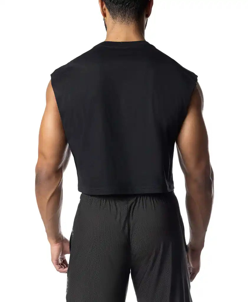 Black sleeveless chrome crop top with a fitted athletic cut designed for active wear and performance