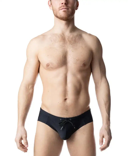 Black chromium bikini swim trunks with drawstring waistband designed for comfortable beachwear use