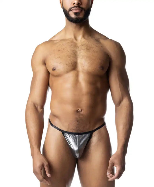 Shiny silver metallic chromium thong with black elastic waistband showing front side details