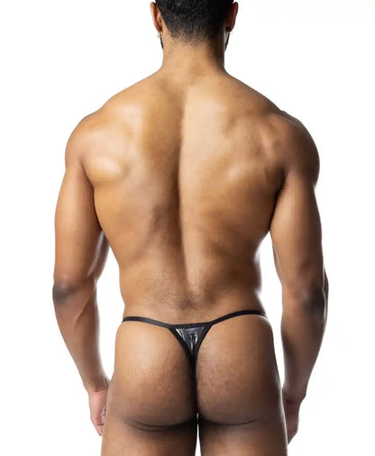Black shiny metallic chromium thong with sleek minimalist design showing the back side of the product