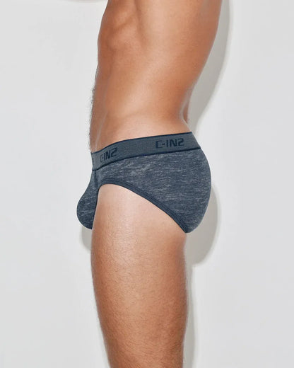 Low rise brief in dark gray with a soft fabric and logo waistband shown on a model from the side by C-IN2