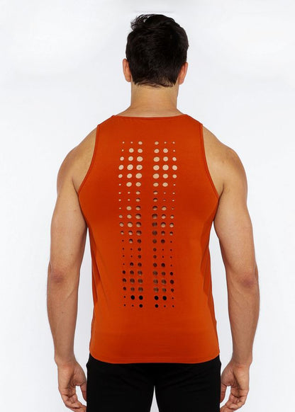 Back of an orange circle spine laser cut stretch jersey tank top with a vertical pattern of perforated dots